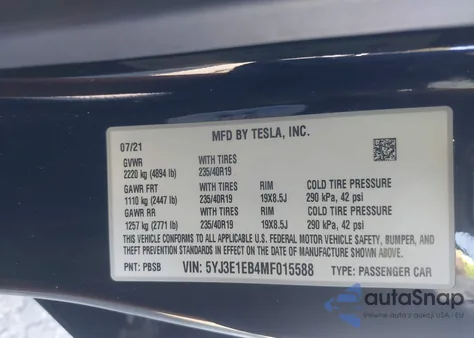 2021 Tesla Model 3 Long Range Dual Motor All-Wheel Drive from USA, damaged, VIN 5YJ3E1EB4MF015588